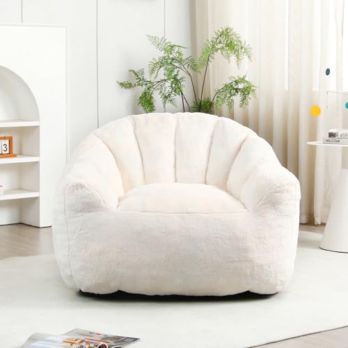 Image of Bean Bag Chair with Arms for Adults - Furry Lazy Sofa, Armrests Stuffed High-Density Foam Filler Chair, Small Cozy Reading in Bedroom Living Room and Dorms (White)