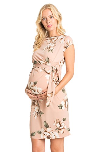 My Bump Side Bow Tie Pattern Cap Sleeve Maternity Dress (Large, Blush Flower) #TOP1