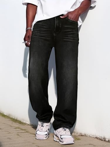 Men's Loose Straight Leg Baggy Fit Jeans with Stretchy Back Waistband, Distressed Hem2