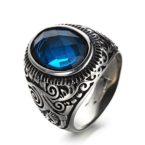 Bague chevalière pour homme gothique vintage en acier avec zircon bleu