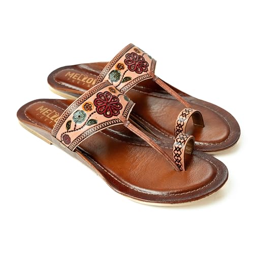 Image of Women Ladies Kolhapuri Genuine Leather Chappal Flats - Slip on Traditional Handcrafted Ethnic and Casual Toe Ring Sandals