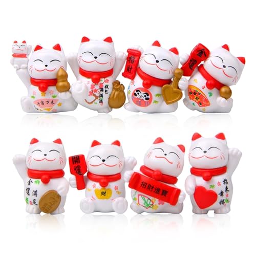 HERCHR Lot de 8 Mini Figurines de Chat Porte-Bonheur Maneki Neko, Statuette Chat Japonais Porte Bonheur,Lucky Cat,Chats Maneki Neko, Chats Porte Bonheur...