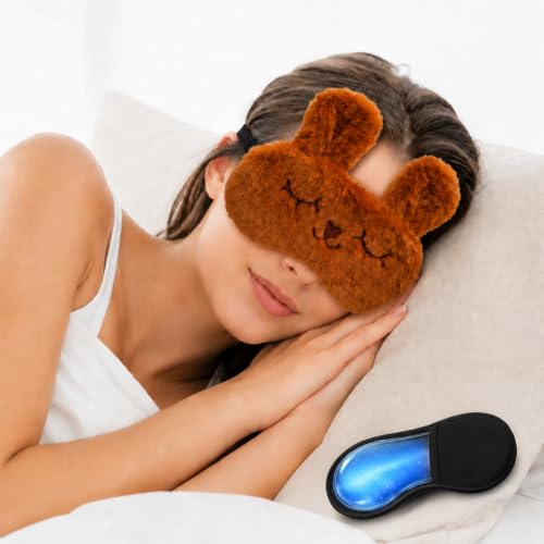 Image of Jenna Plush Bunny Sleeping Eye Mask with Reusable Cooling Gel Pad | Soft Furry Blindfold with Adjustable Elastic Strap | for Women & Girls, Travel, Relaxation, Nap and Night Sleep (Brown)