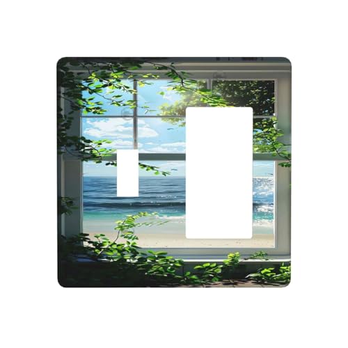 Decorative Outlet Covers Window Beach Seascape View Green Leaves 2 Gang 1 Gang Wall Plate Cover Single Toggle Rocker Combo Light Switch Cover Plate Face Plate for Bathroom Decor