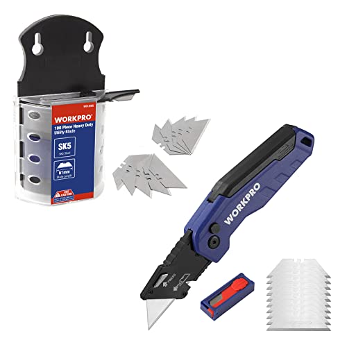 WORKPRO Utility Knife Blades, SK5 Steel, 100-Pack with Dispenser and Blue Folding Utility Knife, 13 Extra Blades Included