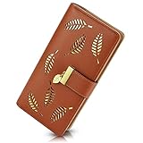 PGXT Women's Wallet Women Credit Card Holder Hollow Leaf Pattern Bifold Leather Lady Long Wallet Purse Zip Birthday Xmas Gifts for Women Girls(Brown)