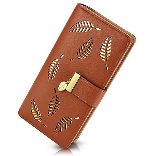 PGXT Women's Wallet Women Credit Card Holder Hollow Leaf Pattern Bifold Leather Lady Long Wallet Purse Zip Birthday Xmas Gifts for Women Girls(Brown)