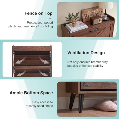 Barnyatoh Shoe Storage Cabinet,Farmhouse Shoe Organizer with 2 Flip Drawers & Barn Door Design,Freestanding Hidden Slim Narrow Shoe Rack Cabinet for Entryway,Foyer,Hallway,Walnut by Barnyatoh - Image 4