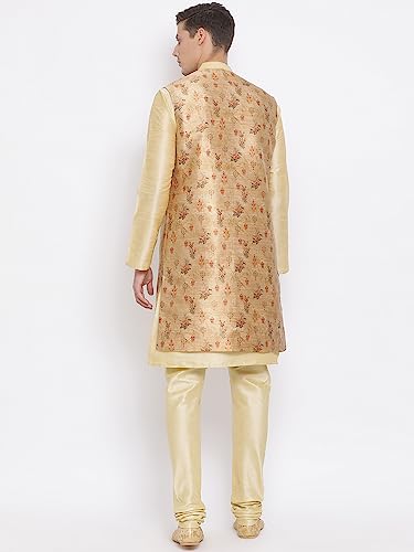 Image of VASTRAMAY Men's Beige Cotton Silk Blend Kurta, Ethnic Jacket and Pyjama Set