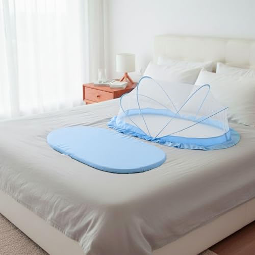 Image of SafeMyles Foldable Baby Mosquito Net with Bed | Soft & Breathable Polyester Mesh with Elegant Round Frill | Ideal for Newborns, Infants & Toddlers (Blue, 90x50x50 cm)