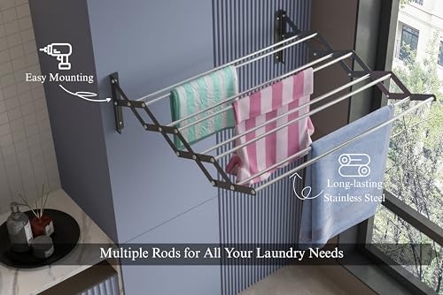 Image of UNOBRIGHT Foldable Wall Mounted Clothes Drying Stand | Heavy Duty Rust Free Stainless Steel Multi Rod Laundry Rack | 3 Feet, 8 Rods | Space Saving for Balcony, Bathroom & Laundry Room