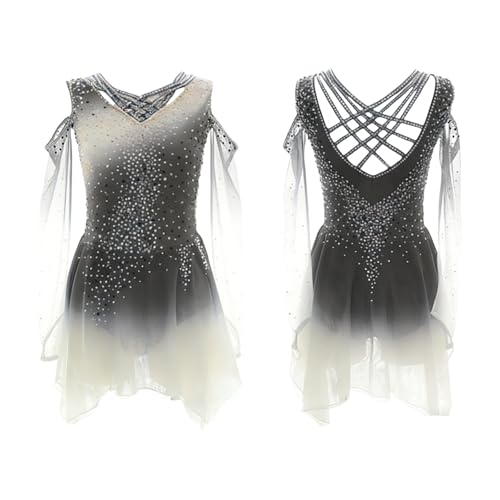 Ice Figure Skating Dress Girls Long Sleeves Competition Perform Adults and Children Mesh Dark Grey