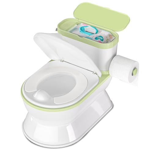 Image of CheerTry 2-in-1 Toddler Potty Training Toilet - Larger Potty Chair & Detachable Training Seat for Boys & Girls Ages 1-3 with Flushing Sound, Wipes Storage, Toilet Paper Holder - Green