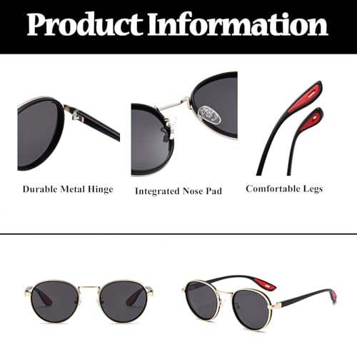 LJCZKA Retro Round Polarized Sunglasses for Men Women Vintage Circle Polarised Sunglasses Trendy Metal Frame Shades Unisex UV400 Protection (Black Gold Grey) - Image 4