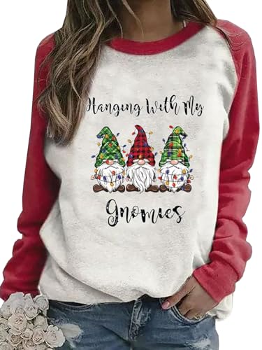 LLHXRUI Hanging With My Gnomies Sweatshirts Women Christmas Long Sleeve Pullover Shirts Funny Garden Gnome Graphic Tees Tops(Red, XX-Large)