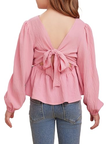 blibean Girls Fall Tie Back Shirts Tween Kid Solid Ruffle Puff Long Sleeve Blouse Semi Formal Cute Casual Tunic Tops Spring Fashion Party Dress Tee Shirt Clothes Size 12-13 Years Old Peach Pink