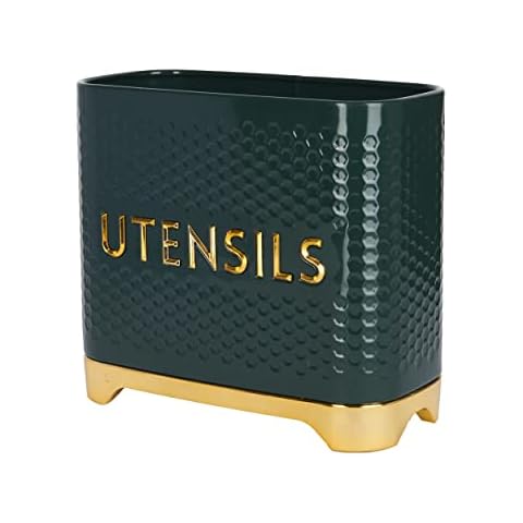 KitchenCraft Lovello Textured Kitchen Utensil Holder, 19 x 9 x 18cm – Hunter Green & Gold Cover