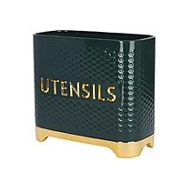 KitchenCraft Lovello Textured Kitchen Utensil Holder, 19 x 9 x 18cm – Hunter Green & Gold