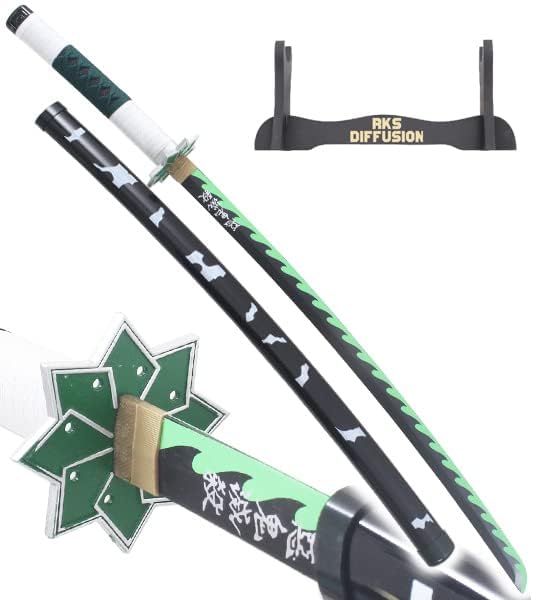 RKS DIFFUSION Katana Demon Slayer Epee Sanemi Shinazugawa Lame en Bois Sabre Kimetsu No Yaiba + Presentoir Inclus