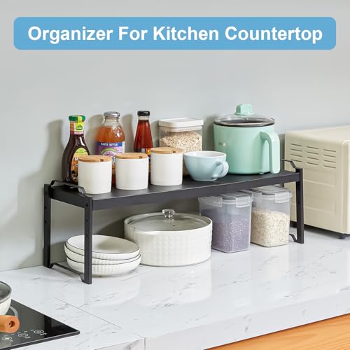 Image of X-cosrack 25.5 Inches 2 Pack Expandable Cabinet Shelves, Stackable Shelf Organizer for Kitchen Cabinet Countertop Storage, Adjustable Counter Cupboard Pantry Organizer Shelf Rack Stand Riser, Black