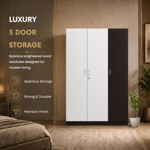 Image of GRATUS 3 Door Wardrobe - Compact Engineered Wood Cupboard Without Drawer for Clothes Storage, Modern Bedroom Organizer - 180 x 105.5 x 45 cm Wenga White