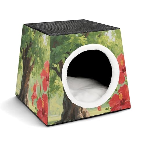 ZFSLY Cat Cave Foldable Cat Hideaway Cat Beds Zhu Jinhua and Tree Cozy Capsule Pet Nest with Washable Cushion and Non-Slip Base