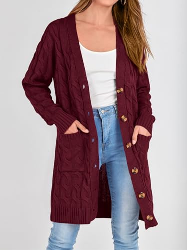 Image of PRETTYGARDEN Long Sleeve Cable Knit Long Cardigan for Women 2026 Spring Winter Chunky Open Front Button Sweaters with Pockets