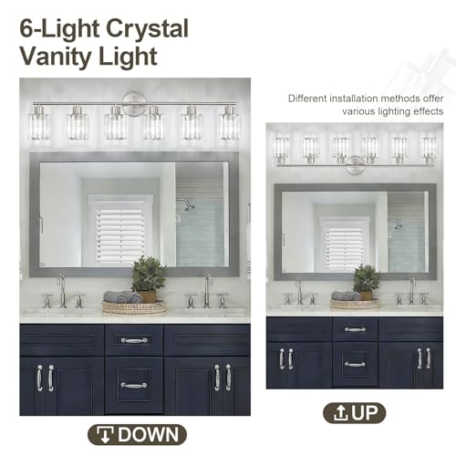 Image of Modern Brushed Nickel Crystal Bathroom Light Fixtures,6-Light | Bathroom Lighting Fixtures over Mirror,Vanity Lights for Mirror, Restroom(Ceramic E26 Socket,Bulbs Not Include)