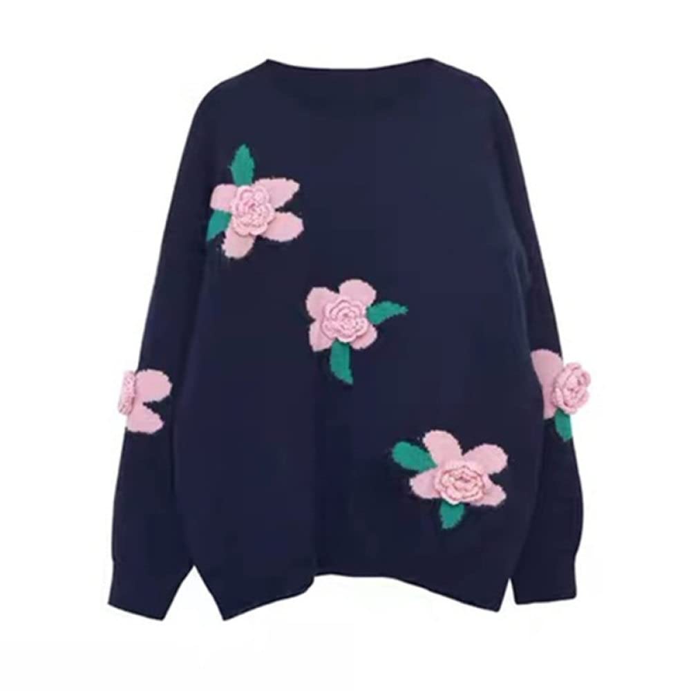 Pulls Tricot Femme,Pull Col Rond Femme Fleur Tridimensionnelle Pull Tricoté Bleu Pull Tops Printemps Unique Pull Cadeau pour Petite Amie Fête des Mères