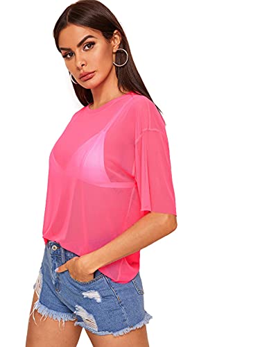 Makemechic Women's Summer Short Sleeve Tops See Through Mesh Sheer Sexy T Shirt Blouse Hot Pink L #TOP4