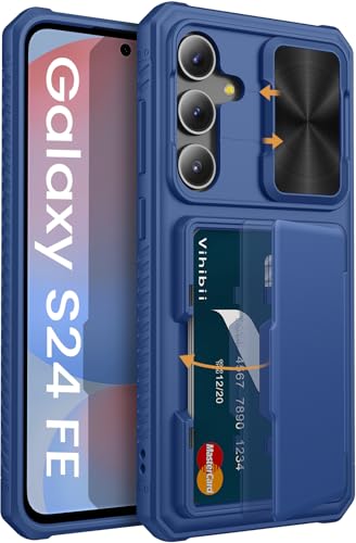 Image of Vihibii PC,Silicone For Samsung Galaxy S24 FE Wallet Back Cover With Card Holder(4 Cards)[RFID Blocking] & Slide Camera Cover & Raised Edges Protect,Shockproof Rugged Case 6.7 inch 2024,Blue