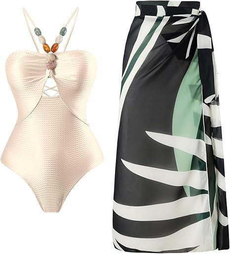 Image of AARAM Stylish Premium Women's One Piece Swimsuit with Cover Ups Wrap Skirt Sarong Retro Floral Print Monokini Tummy Control Swimwear, Printed Swimming Costume for Women Beach Wear