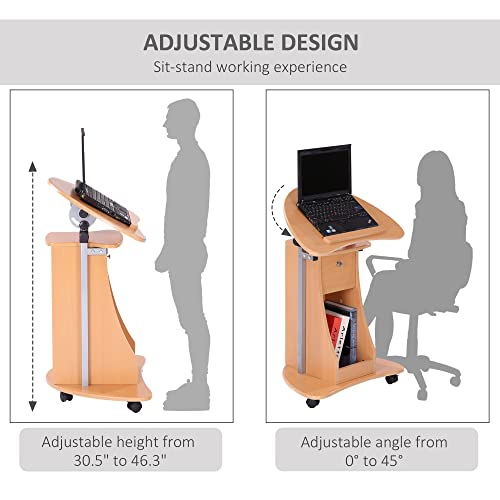 Homcom Mobile Laptop Cart,Sit-To-Stand Computer Desk With Drawer, Height Adjustable Rolling Podium Desk Stand With Swivel Top & Storage, Beech Wood #TOP3