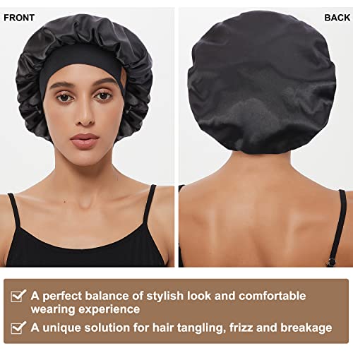 Hat Hut Satin Bonnet Silk Bonnet Sleep Cap For Women Hair Bonnet For Curly Natural Hair Sleeping Adjustable Wide Band Double Layer (Black) #TOP1