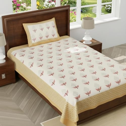Image of Pure Cotton Single Bedsheet with 1 Pillow Cover, 220 TC Premium Jaipuri Bedsheet for Single Bed | 60x90 Inch - Multicolor Floral Print (Multicolor 1)