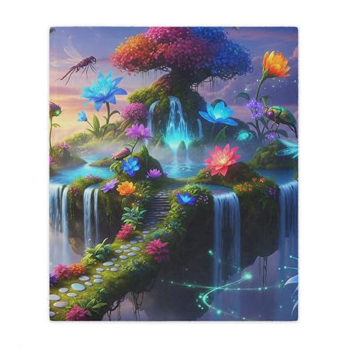 Cozy Blanket Featuring a Colorful Floating Island Garden with Waterfalls,