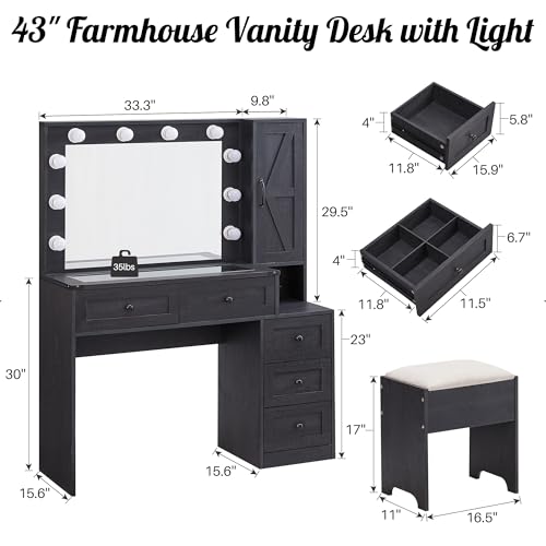 ACCOHOHO Farmhouse Vanity Desk with Mirror and Lights, 43" Wide Makeup Vanity with Glass Tabletop and Charging Station, Modern Vanity Table Set with Storage and Stool for Bedroom, Black