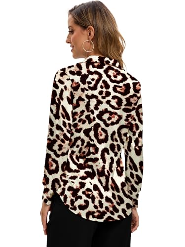 Image of Premium Soft Breathable Stretch Satin Silk Button Down Shirts for Women Long Sleeve Leopard Blouses Work Dress Tops