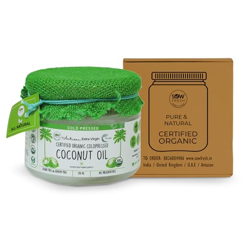Image of Sow Fresh All Natural Extra Virgin Coconut Oil - 250ml Organic Cold Pressed Virgin Vegan Coconut Oil for Cooking, Hair & Skin Care and Oil Pulling - No Preservatives & No Sugar