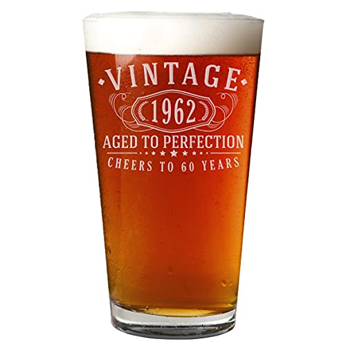 Vintage 1962 Etched 16oz Pint Beer Soda Glass - 60th Birthday Aged to Perfection - 60 years old gifts