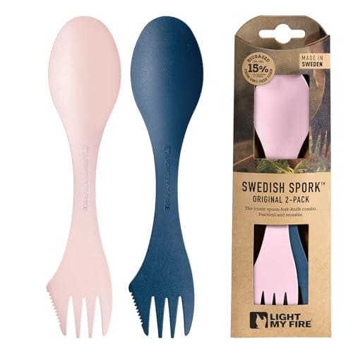 Light My Fire Spork Cubiertos de Camping para Llevar 3 en 1 -Cubierto Multifunción Reutilizable - Viaje y Excursionismo – Irrompible, No Tóxico, Sin BPA – paquete de 2 (2pack HazyBlue/DustyPink)