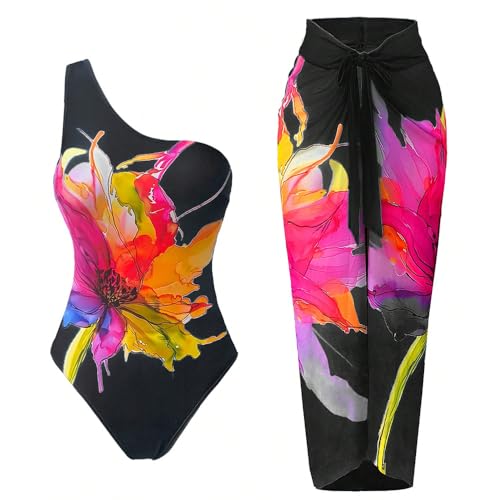 Women’s One Shoulder One Piece Swimsuit with Tummy Control and Vintage Floral Print, with Sarong Wrap Skirt