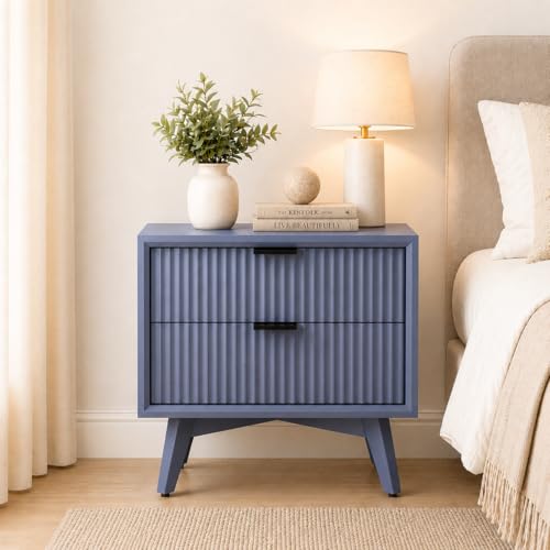 Image of Wooden Bedside Table for Bedroom | Wooden Bed Side Nightstand Lamp Table with 2 Drawers for Home & Hotels | End Side Table for Living Room | HDMR Premium Wood in Fluted- Grey Finish