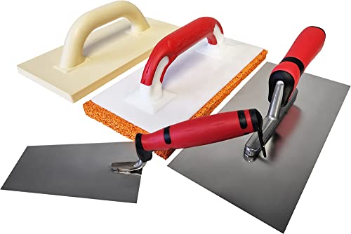 Maurerfreund 4-teiliges Set mit Putzer-Werkzeugen Edelstahl-Glättekelle mit Softgriff Schwammgummi-Reibebrett Kunststoff-Reibebrett Berner Putzkelle Made in Germany