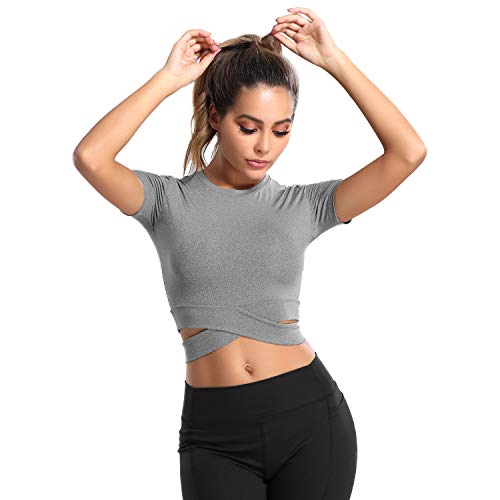 DREAM SLIM Short Sleeve Crop Tops for Women Tummy Cross Fitted Yoga Running Shirts Gym Workout Cropped Tank Tops
