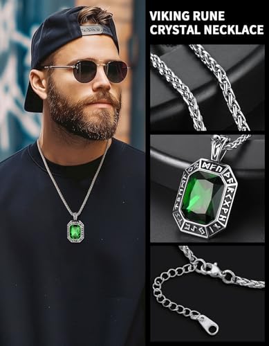 Image of ChainsHouse Viking Rune Pendant Necklace for Men Women, Punk Biker Black Metal /316L Stainless Steel Onyx Norse Vintage Amulet Necklaces with Black /Red /Green /Blue Gemstone, Send Gift Box