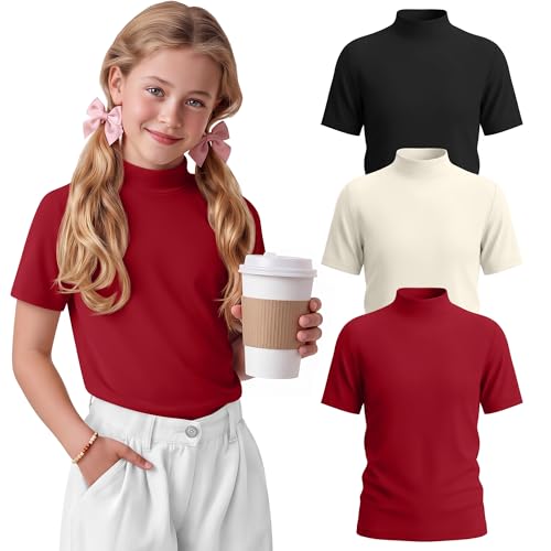 LessonZoo 3 Pack Girls T-Shirts Kids Short Sleeve Mock Neck Tops Slim Fit Cute Basic Tees Casual Summer Clothes 5-14 Years(Red Cream Black 11-12 Years)