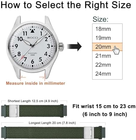 WOCCI 22mm Braided Nylon Watch Band for Men and Women, Quick Release, Silver Stainless Steel Buckle (Khaki Green)