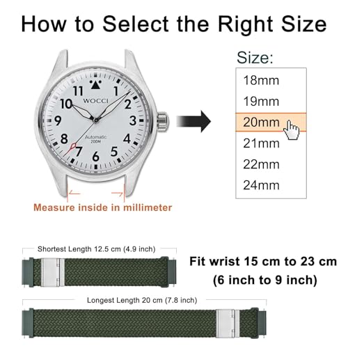 WOCCI 24mm Braided Nylon Watch Band for Men and Women, Quick Release, Silver Stainless Steel Buckle (Khaki Green)