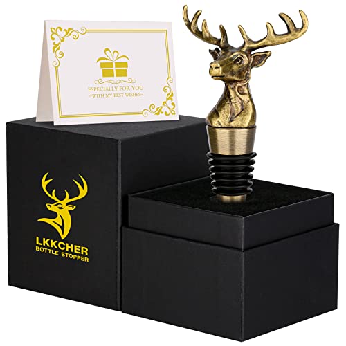 LKKCHER Deer Wine Bottle Stopper, Vintage Wine Gifts for Men Women, Father Gifts Birthday Gifts Christmas Gifts for Men Dad Women, Bronze Stag Gifts, Wine Saver, Wine Accessories